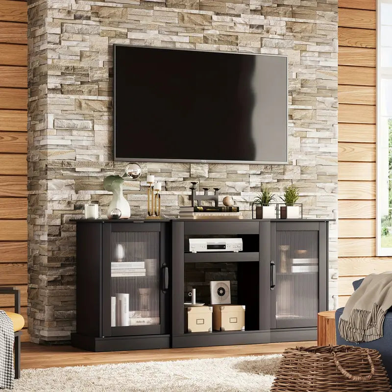 Retro TV Stand for 65 Inch TV, TV Console Cabinet with Storage, Open Shelves Entertainment Center for Living Room.
