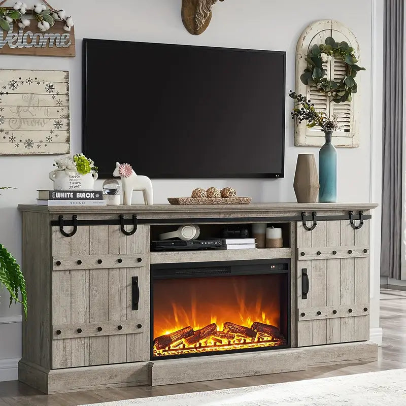 Fireplace TV Stand For 75 - 80 Inch TV, Farmhouse Entertainment Center With Sliding Barn Doors