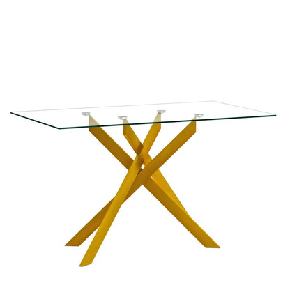 Classic Rectangular Glass Dining Table - Clear Tempered 51.18" with Golden Metal Legs