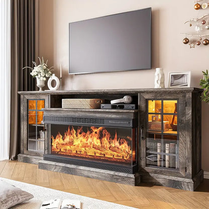 36-Inch Triple-Sided Glass Fireplace TV Stand, Suitable for TVs Under 80 Inches with Storage Cabinet and Glass Door