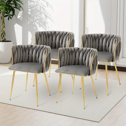 Velvet Dining Chairs Set Of 4, Woven Upholstered Dining Chairs With Golden Metal Legs,